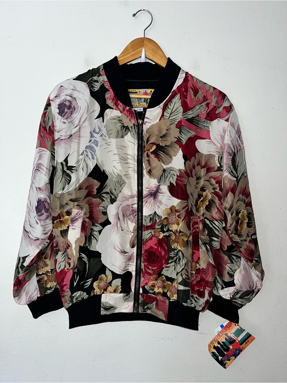 Vintage Atlantic Beach Silk Floral Bomber Jacket Womens S Boho Red Black Unique